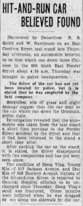 Newspaper article stating the hit and run car was believed to be found by Detectives Rawlinson and Quirk.