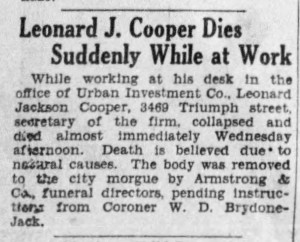 Newspaper article about Leonard J Cooper dying suddenly at work.